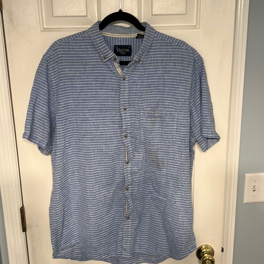 Visitor Short Sleeve Button Down Shirt Blue with Stripes